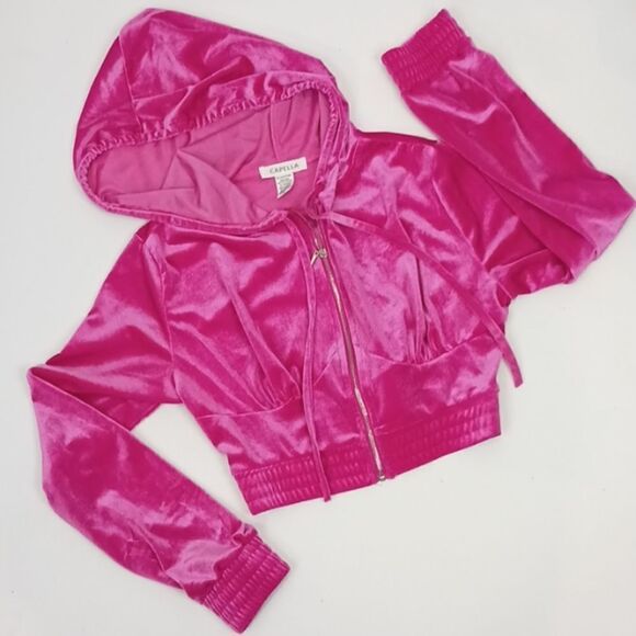 CAPPELLA Velour pink zip-up cropped hooded jacket & shorts set sz (S) - Picture 3 of 10